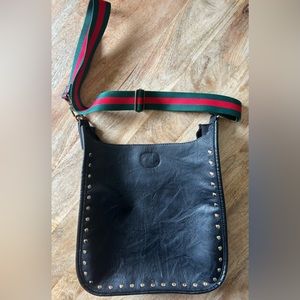 Classic Vegan Leather Black Messenger Bag w/ Gold Studs, includes strap